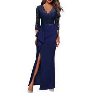 Floral Lace Navy Blue Formal Long Dress